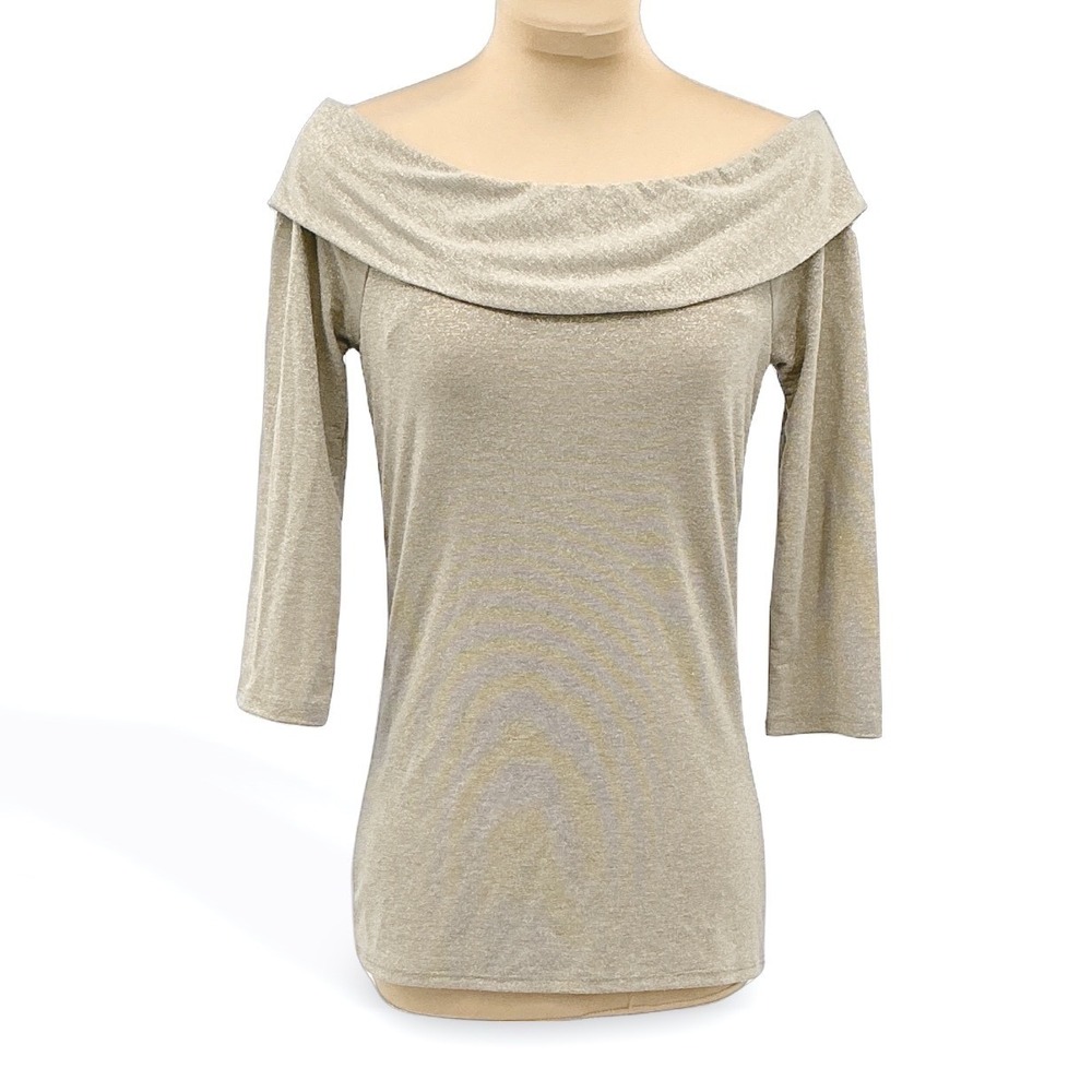 White House Black Market XS‎ Off Shoulder Top Champagne Gold 3/4 Sleeve Shimmer - Picture 2 of 6